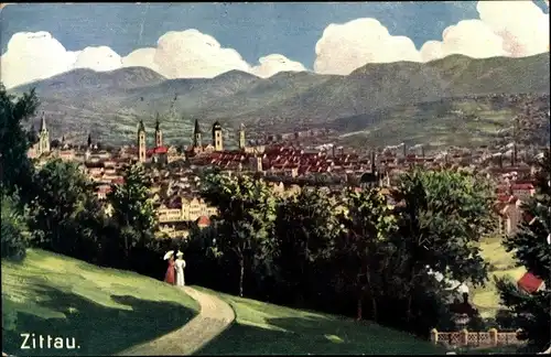 Ak Zittau in der Oberlausitz, Gesamtansicht, Spaziergängerinnen mit Schirm