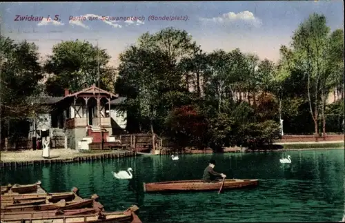 Ak Zwickau Sachsen, Partie am Schwanenteich, Gondelplatz, Ruderboot, Schwäne