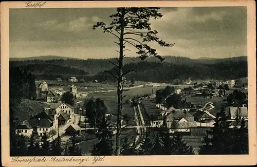 Ak Rautenkranz Muldenhammer im Vogtland, Panorama, Bahnstrecke, Zug, Gasthof