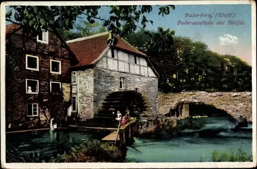 Ak Paderborn in Westfalen, Paderausfluss mit der Wassermühle, Brücke