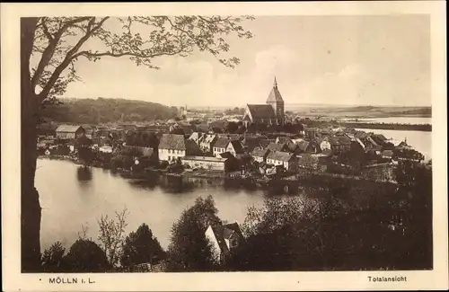 Ak Mölln im Herzogtum Lauenburg, Totalansicht der Ortschaft, Kirche, Wasserpartie