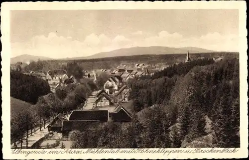 Ak Elbingerode Oberharz am Brocken, Mühlental mit Höhneklippen mit Brockenblick, Kirchturm