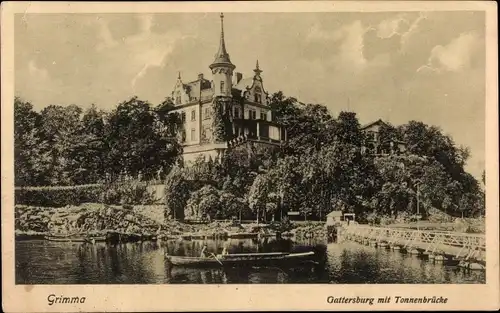Ak Grimma in Sachsen, Gattersburg mit Tonnenbrücke, Ruderboot