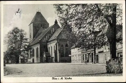 Ak Plau am See, Blick auf die Kirche, Platz, Bäume