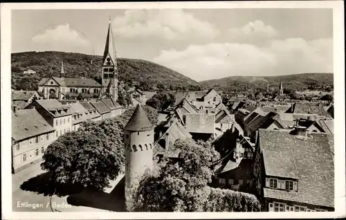 Ak Ettlingen in Baden, Lauerturm, Herz-Jesu-Kirche, Blick zum Albtal, Teilansicht