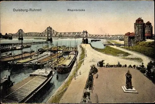 Ak Ruhrort Duisburg im Ruhrgebiet, Rheinbrücke, Rhein, Schiff