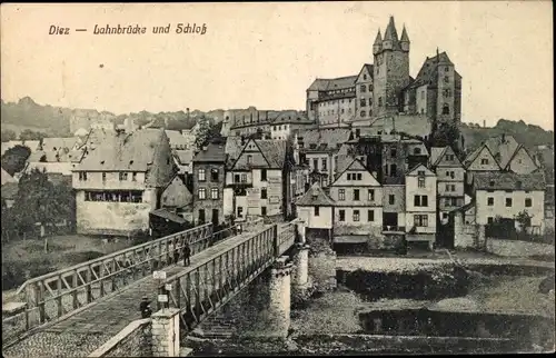 Ak Diez an der Lahn, Lahnbrücke und Schloss