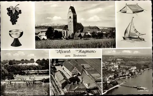 Ak Hagnau am Bodensee, Strandberg, Schloss Kirchberg, Landessteg, Kirche