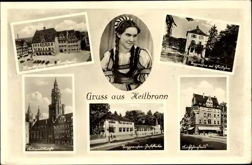 Ak Heilbronn am Neckar, Marktplatz mit Rathaus, Kirche, Frau in Tracht