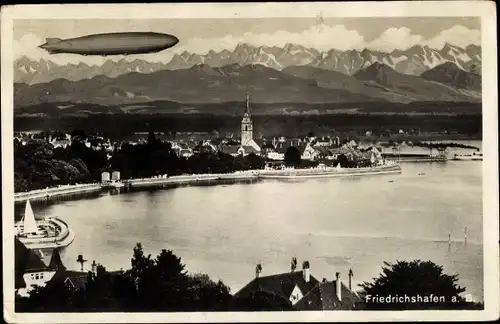 Ak Friedrichshafen am Bodensee, Kirche, Zeppelin, Seeufer