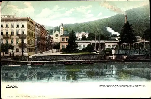 Ak Bad Ems an der Lahn, Kaiser Wilhelm Kirche, Königl. Badeanstalt