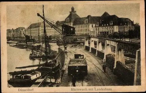 Ak Düsseldorf am Rhein, Rheinwerft mit Landeshaus, LKW, Schiff, Kran