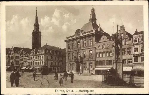 Ak Düren im Rheinland, Marktplatz, Kirche, Straßenbahn