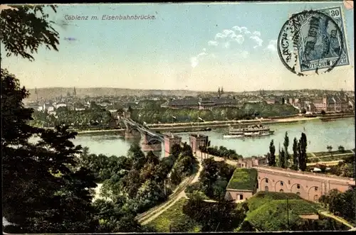 Ak Koblenz am Rhein, Eisenbahnbrücke, Teilansicht, Dampfschiff
