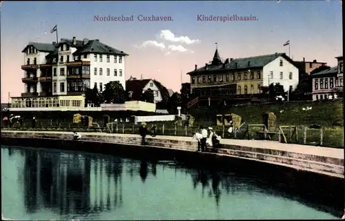 Ak Cuxhaven in Niedersachsen, Kinderspielbassin, Beckenrand, Hotels