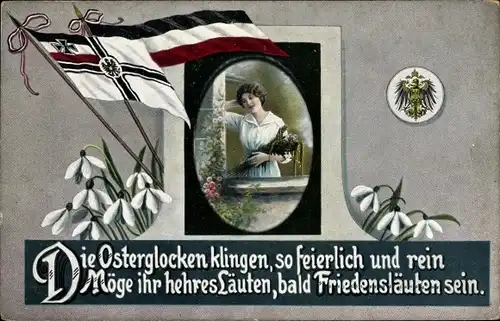 Ak Ostern, Die Osterglocken klingen so feierlich und rein, Friedensläuten, Fahnen, I. WK