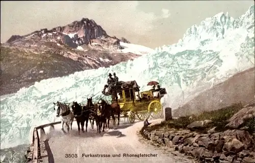 Ak Schweiz, Postkutsche auf der Furkastraße, Rohnegletscher