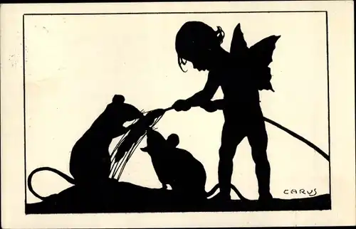 Scherenschnitt Ak Carus, Engel, Mäuse mit Getreideähre