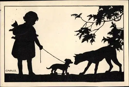 Scherenschnitt Ak Carus, Mädchen mit Spielzeugdackel, Hund