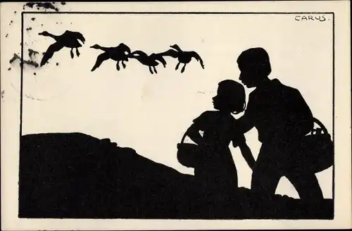 Scherenschnitt Ak Carus, Kinder mit Körben, fliegende Gänse