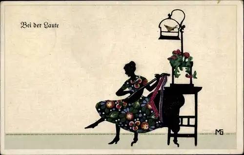 Scherenschnitt Ak Graf, Marte, Silhouette, bei der Laute