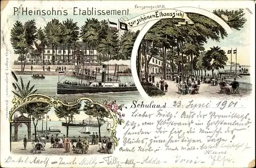 Litho Schulau Wedel im Kreis Pinneberg, Etablissement zur schönen Elbaussicht