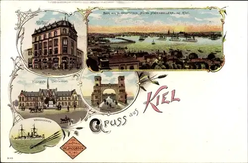 Litho Kiel in Schleswig Holstein, Kaufhaus W. Jacobsen, Aussichtsturm Hotel Hohenzollern, Denkmal
