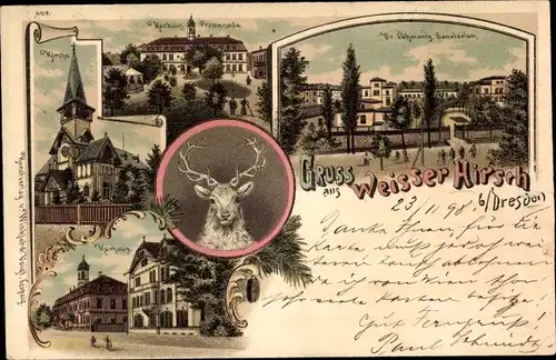 Litho Dresden Weißer Hirsch, Kirche, Kurhaus, Promenade, Sanatorium