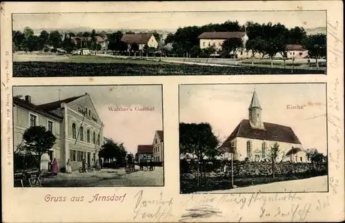 Ak Arnsdorf in Sachsen, Gesamtansicht, Kirche, Walther's Gasthof