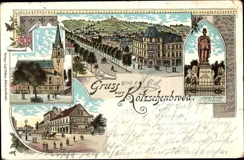 Litho Kötzschenbroda Radebeul in Sachsen, Kaiser Wilhelm Denkmal, Kirche, Stadtansicht