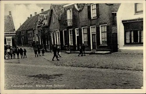 Ak Scherpenisse Zeeland, Markt met School