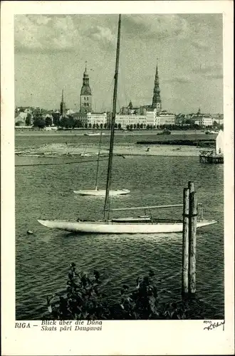 Ak Riga Lettland, Düna, Segelboote, Petrikirche, Teilansicht der Stadt