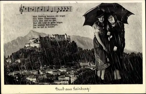 Lied Ak Salzburg, Ort, Schloss, Frauen unterm Regenschirm, Lied a. d. Tonfilm Im weißen Rößl, Tracht