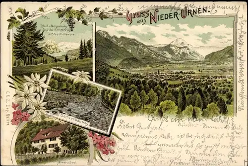Vorläufer Litho Niederurnen Kanton Glarus, Minderalbad, Bachverbauung, Landschaft, 1895