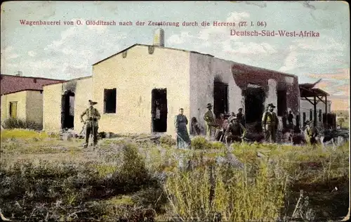 Ak Deutsch Südwestafrika Namibia, Wagenbauerei von O. Glöditzsch nach Zerstörung durch Hereros 1904