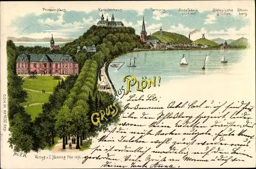 Litho Plön am See Holstein, Prinzenhaus, Biologische Station, Steinberg, Segelboote