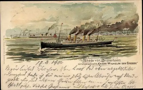 Litho Schnelldampfer Kaiser Wilhelm der Große, Rhede von Bremerhaven, Norddeutscher Lloyd