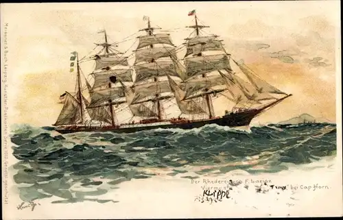 Künstler Litho Bohrdt, Hans, Segelschiff Viermast Klipper Pisagua bei Cap Horn, Reederei F. Laeisz