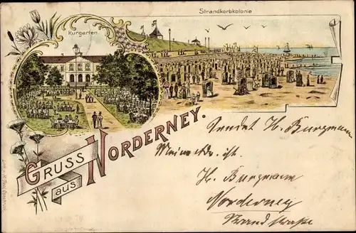 Litho Norderney in Ostfriesland, Kurgarten, Strandkorb Kolonie