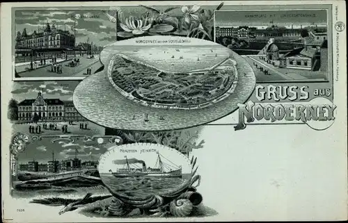 Litho Nordseebad Norderney Ostfriesland, Post, Marktplatz, Norderney aus der Vogelschau