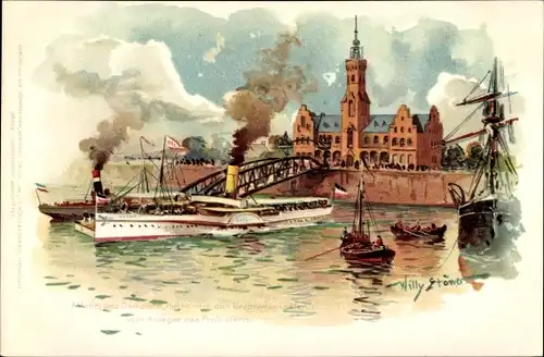 Künstler Litho Stöwer, Willy, Abfahrt des Dampfers Hecht vom Anleger des Freihafens