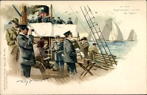 Künstler Litho Stöwer, W., Auf dem Begleitdampfer während der Regatta, Segelboote