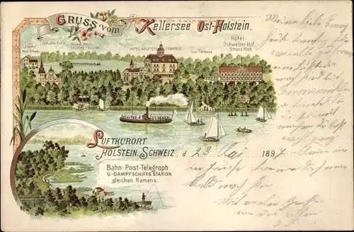 Litho Malente in Ostholstein, Kellersee, Hotel Schweizer Hof, Strandhaus, Hotel Holst. Schweiz