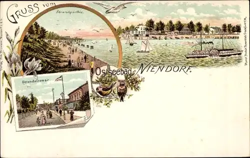 Litho Niendorf Timmendorfer Strand Ostholstein, Strandpartie, Strandstraße, Dampfer