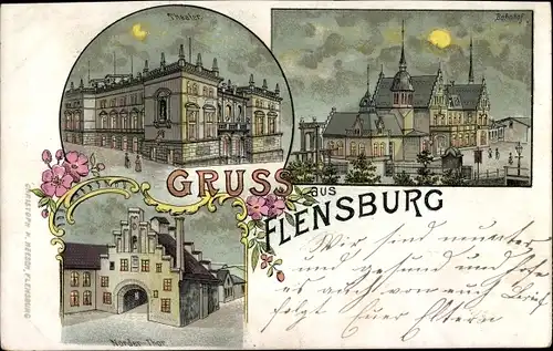 Mondschein Litho Flensburg in Schleswig Holstein, Theater, Bahnhof, Norder Tor
