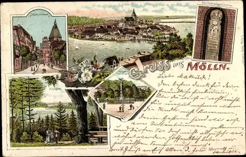 Litho Mölln in Lauenburg, Marktstraße, Schmalsee, Kriegerdenkmal, Till Eulenspiegel Grabmal