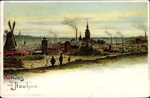 Litho Itzehoe in Holstein, Panorama, Windmühle, Kirche