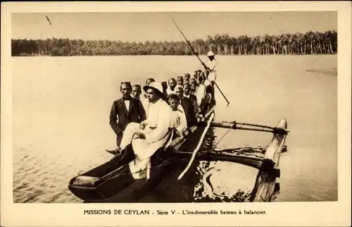 Ak Ceylon Sri Lanka, Missions de Ceylan, L'insubmersible bateau a balancier, Boot mit Anwohnern