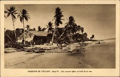 Ak Ceylon Sri Lanka, Missions, une pauvre eglise au bord de la mer