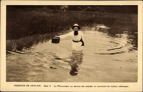 Ak Missions de Ceylan, Série V, Le Missionnaire au secours des malades en traversant les rizières